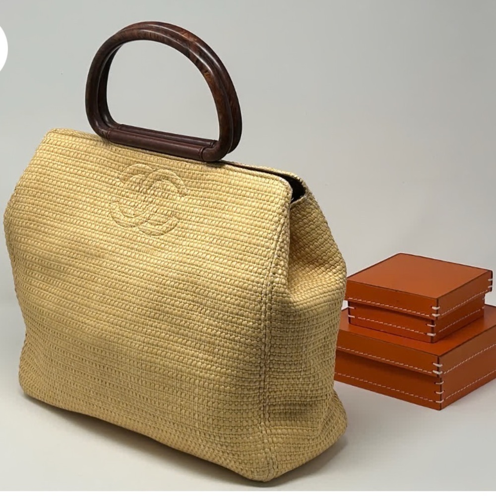 Authentic CHANEL Vintage Raffia Tote Woven Straw Shoulder Bag Wooden Ring Beige